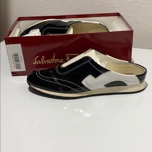 Ferragamo Black and White Patent slip-ons 10